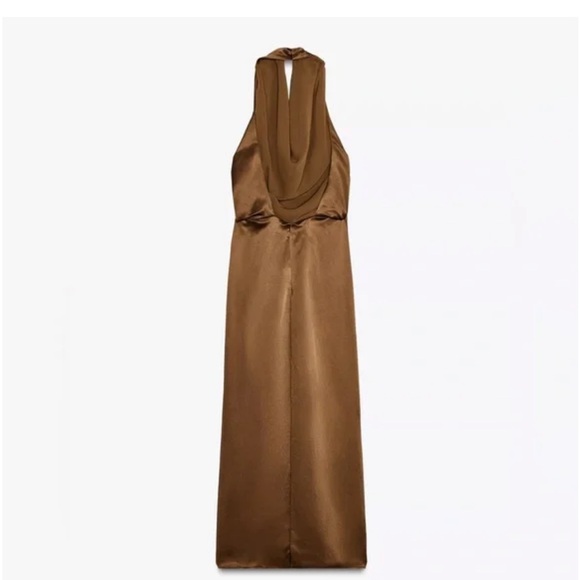 Zara SATIN EFFECT HALTER MIDI DRESS M Brown NWT - Picture 6 of 7